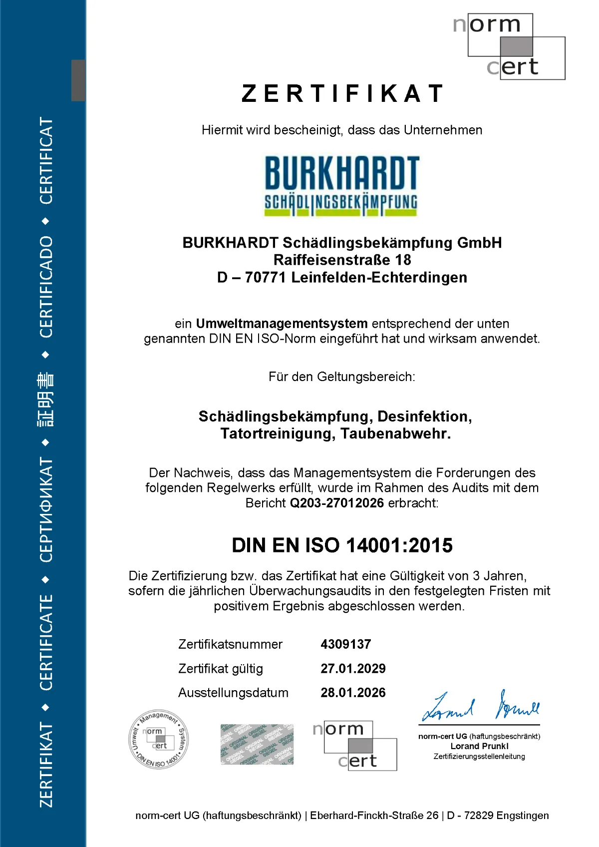 Burkhardt Schädlingsbekämpfung Zertifizierung 14001