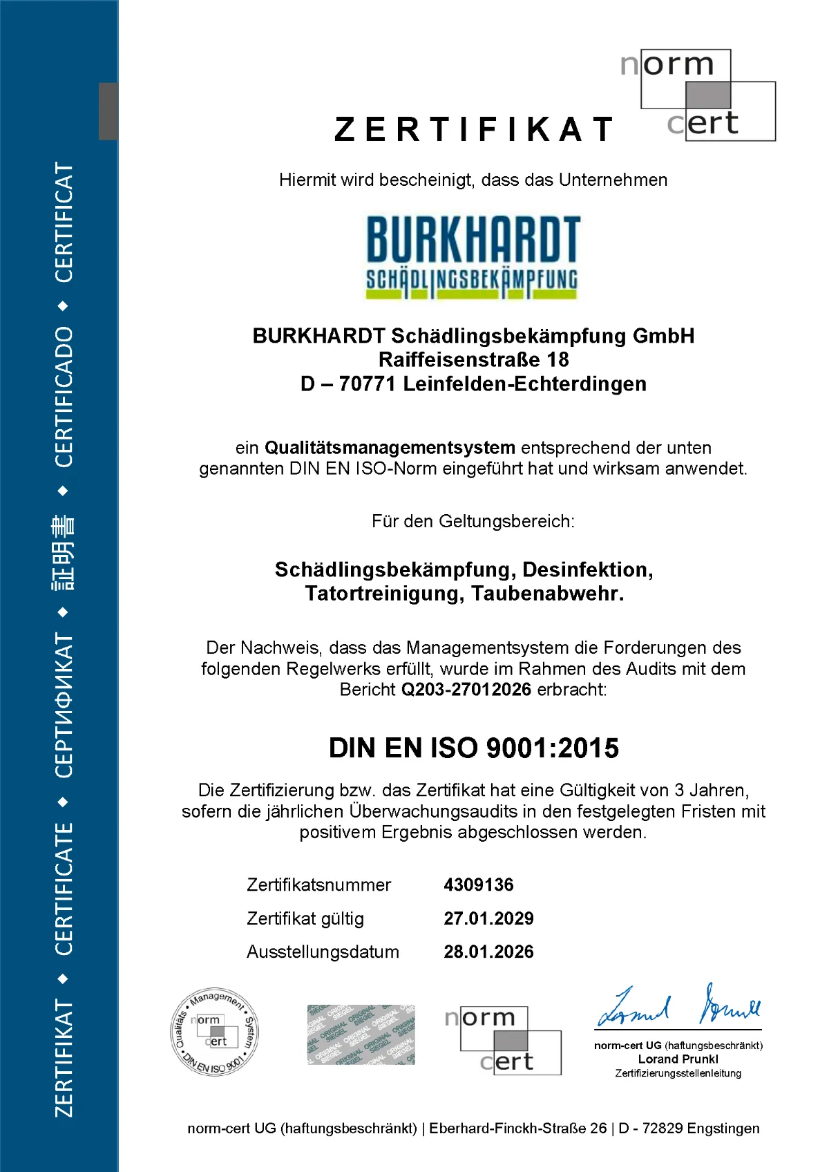 Burkhardt Schädlingsbekämpfung Zertifizierung 9001
